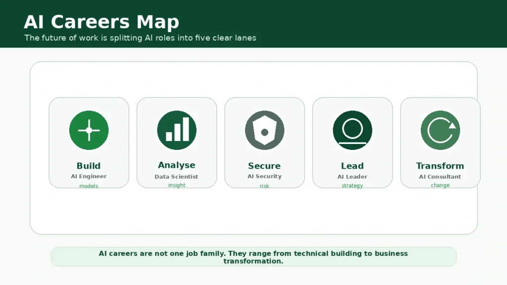 Visual map showing five AI career lanes: build, analyse, secure, lead and transform.
