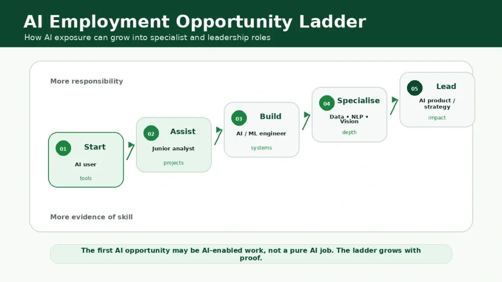 Ladder showing how AI employment opportunities can grow from AI user to junior analyst, AI engineer, specialist and AI product or strategy leader.