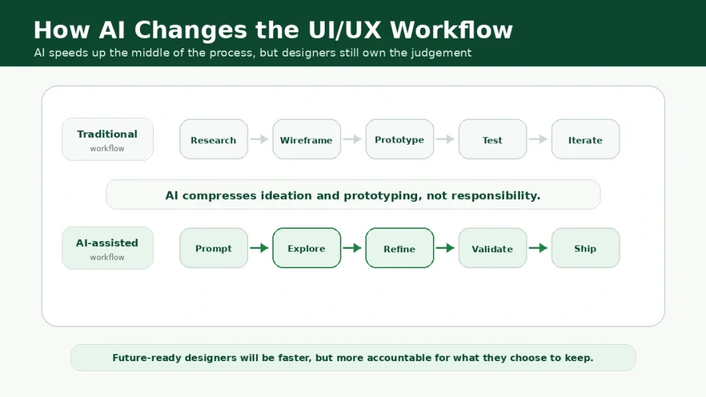 Workflow comparison showing traditional UI/UX design stages against AI-assisted stages such as prompt, explore, refine, validate and ship.