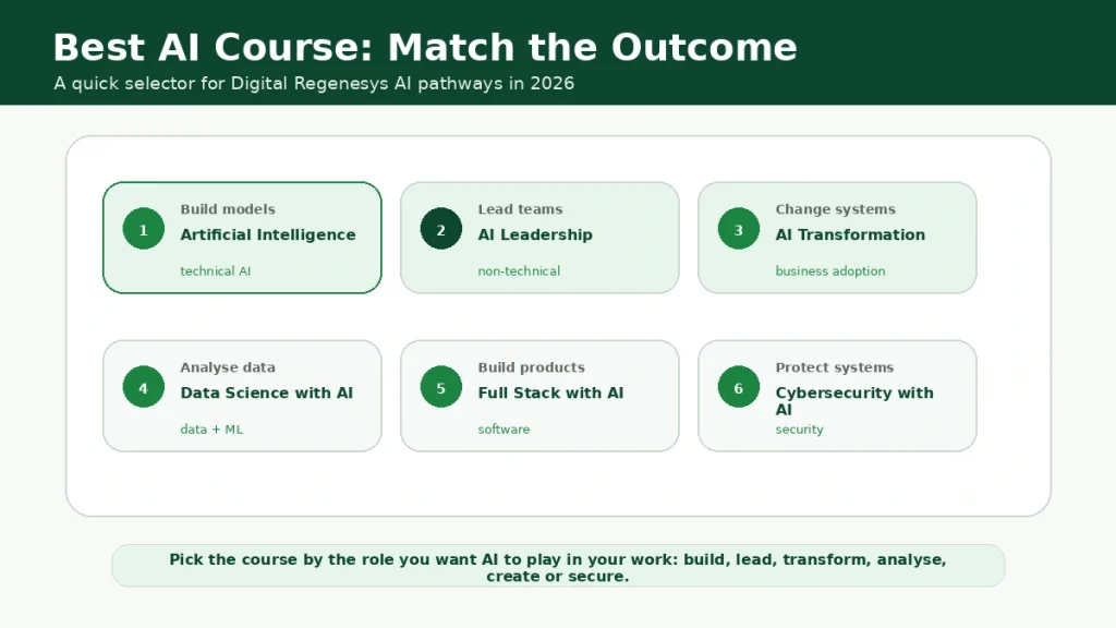 Visual selector showing Digital Regenesys AI course pathways for building models, leading teams, transforming systems, analysing data, building products and protecting systems.