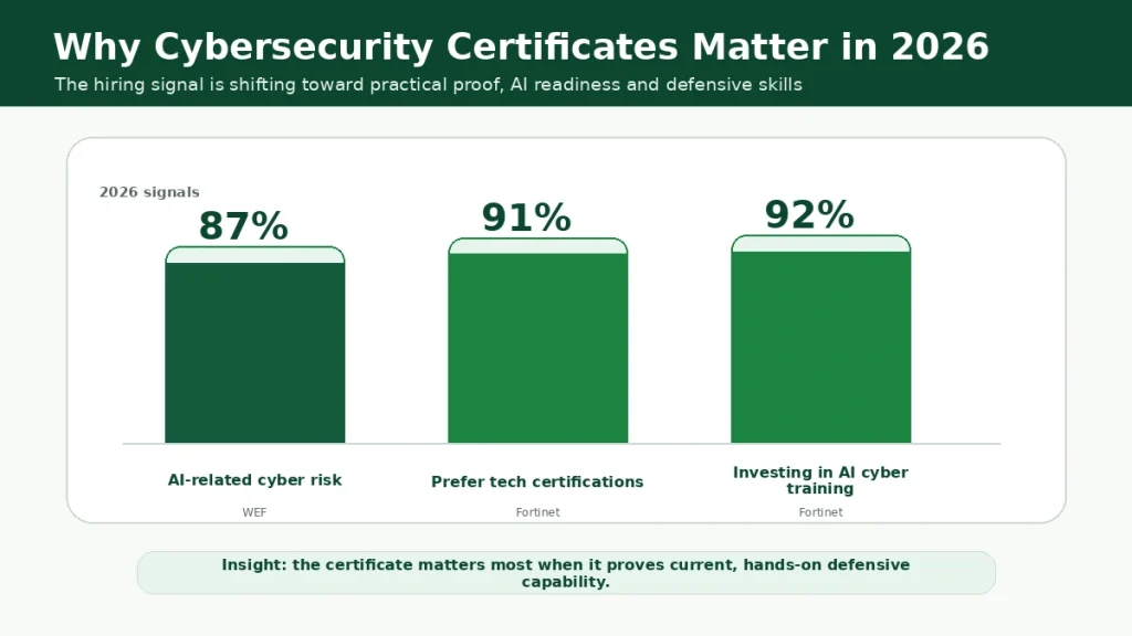 Bar chart showing 2026 cybersecurity certificate signals, including AI-related cyber risk, employer preference for tech certifications and investment in AI cybersecurity training.