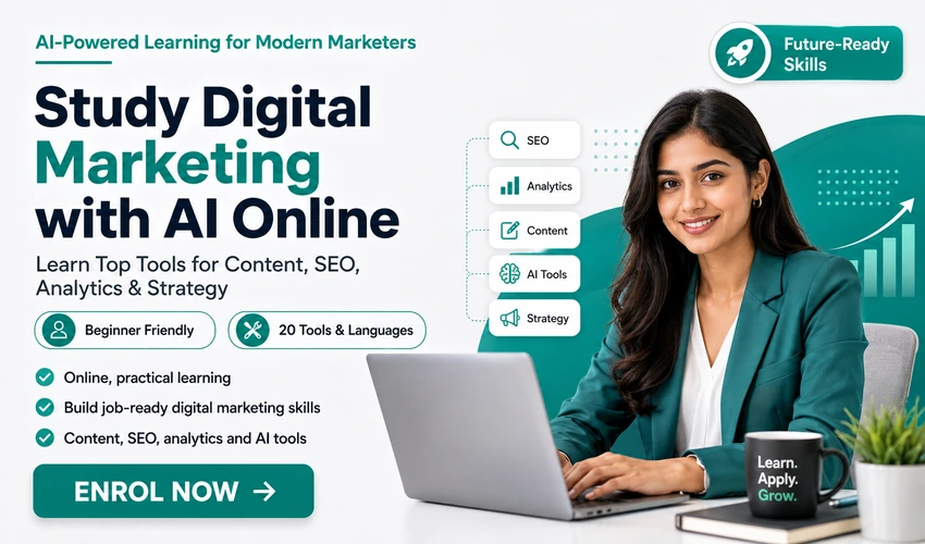 Digital Marketing with AI course promoting practical tools for SEO, content, analytics and strategy